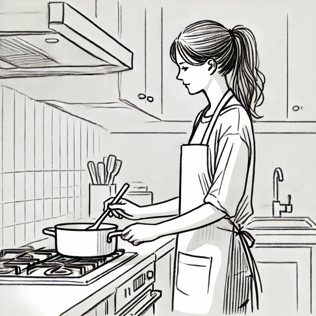 DALL·E 2024-11-16 13.00.43 - A simple sketch of a woman cooking food in a kitchen, with minimal details. The woman is standing at a stove, wearing an apron, and focused on cooking